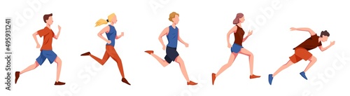Vector illustration of running people. Men and women participate in sports races, athletic competitions in cartoon style. Concept of aspiration to success.
