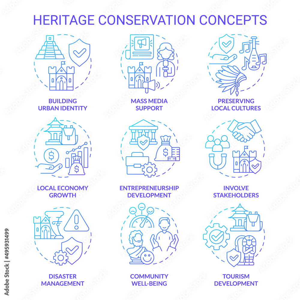 Heritage conservation blue gradient concept icons set. Saving cultural artifacts idea thin line color illustrations. Isolated symbols. Editable stroke. Roboto-Medium, Myriad Pro-Bold fonts used