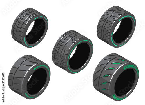 Set of car tires with different treads. Auto tire in isometry. Different 3d auto tire. Auto tire icons on white background. Tire clipart with different tread pattern. EPS 10 vector illustration