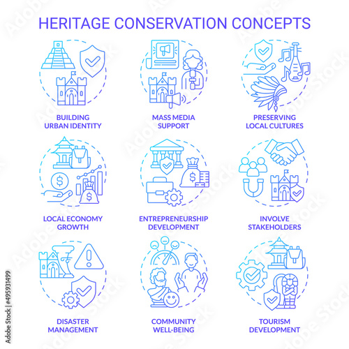 Heritage conservation blue gradient concept icons set. Saving cultural artifacts idea thin line color illustrations. Isolated symbols. Editable stroke. Roboto-Medium, Myriad Pro-Bold fonts used