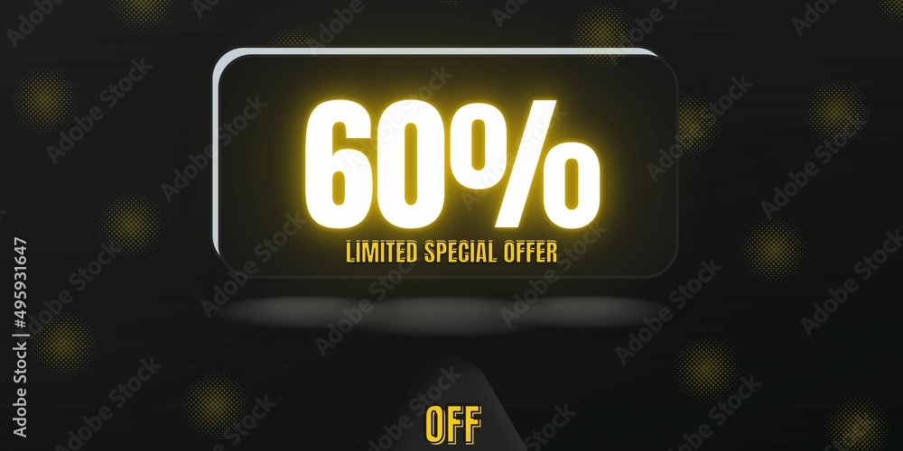 Fototapeta premium 60% off limited special offer. Banner with sixty percent discount on a black background with white square and black