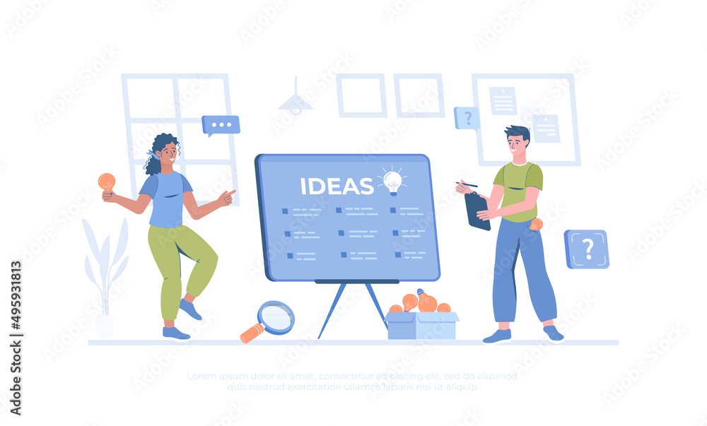 Finding ideas. Brainstorming process. Find solution, business ideas, innovations. Cartoon modern flat vector illustration for banner, website design, landing page.
