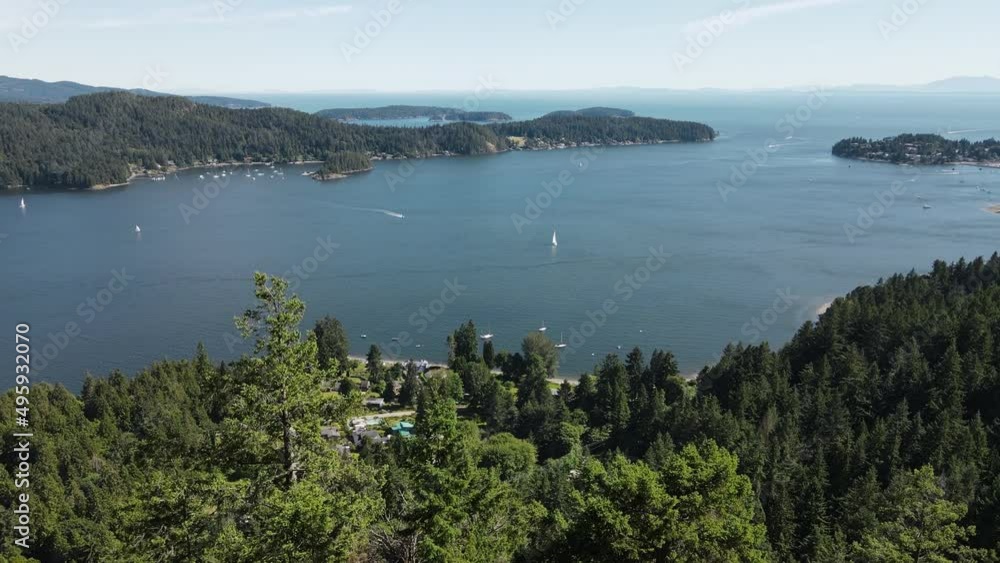 Hiker resting by a tree looking out at the view from Soames Hill over the ocean and Howe Sound in Gibsons, Canada. Aerial flyover shot Hiker resting by a tree looking out at the view from Soames Hill over the ocean and Howe Sound in Gibsons, Canada. Aerial flyover shot