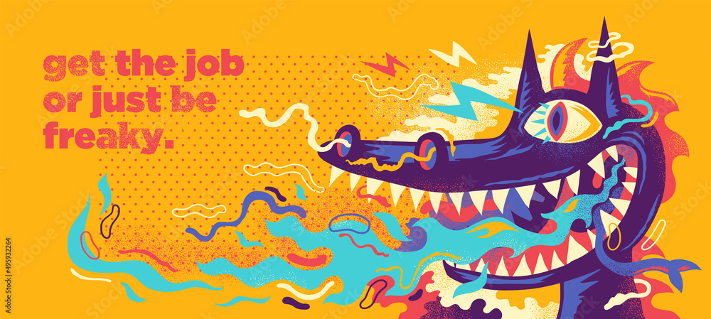 Abstract illustration in graffiti style with comic monster and colorful splashing shapes. Vector illustration.