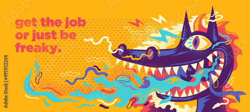 Abstract illustration in graffiti style with comic monster and colorful splashing shapes. Vector illustration.