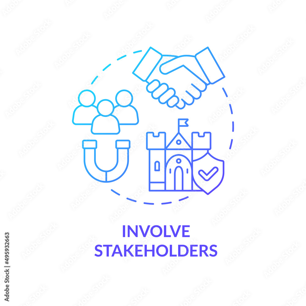 Involve stakeholders blue gradient concept icon. Partnership and growth. Principle of heritage conservation abstract idea thin line illustration. Isolated outline drawing. Myriad Pro-Bold font used Involve stakeholders blue gradient concept icon. Partnership and growth. Principle of heritage conservation abstract idea thin line illustration. Isolated outline drawing. Myriad Pro-Bold font used