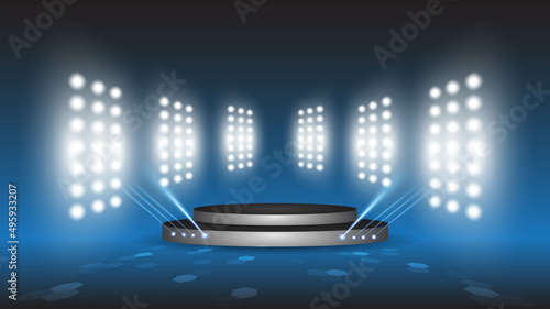 Abstract blue product showcase background stadium stage hall with scenic lights of round futuristic technology user interface Blue vector lighting empty stage spotlight background.