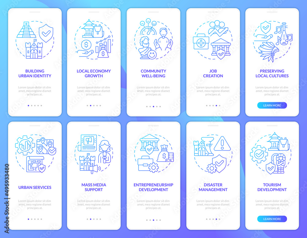 Heritage conservation blue gradient onboarding mobile app screen set. Walkthrough 5 steps graphic instructions pages with linear concepts. UI, UX, GUI template. Myriad Pro-Bold, Regular fonts used
