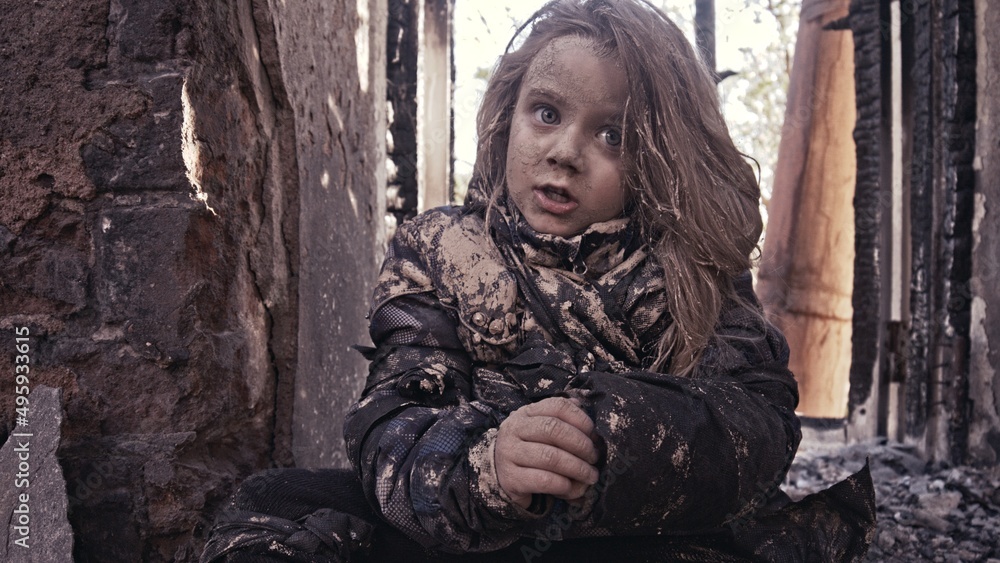 girl praying. Children without a home, apocalypse, war girl praying. Children without a home, apocalypse, war