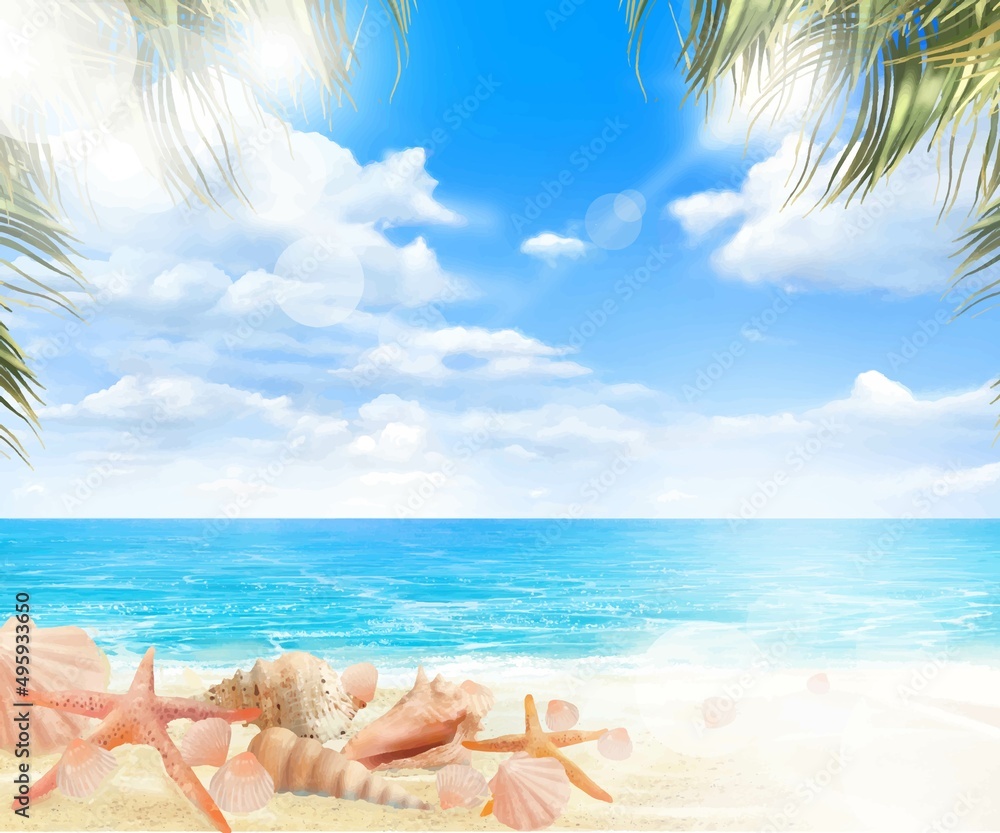 夏の太陽のと青い空の下砂浜の波打ち際にヒトデや貝殻とヤシの木と海のゆらめく波の美しいピンボケ背景素材 Stock Vector Adobe Stock