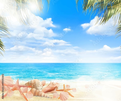 夏の太陽のと青い空の下砂浜の波打ち際にヒトデや貝殻とヤシの木と海のゆらめく波の美しいピンボケ背景素材
