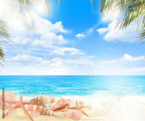夏の太陽のと青い空の下砂浜の波打ち際にヒトデや貝殻とヤシの木と海のゆらめく波の美しいピンボケ背景素材
