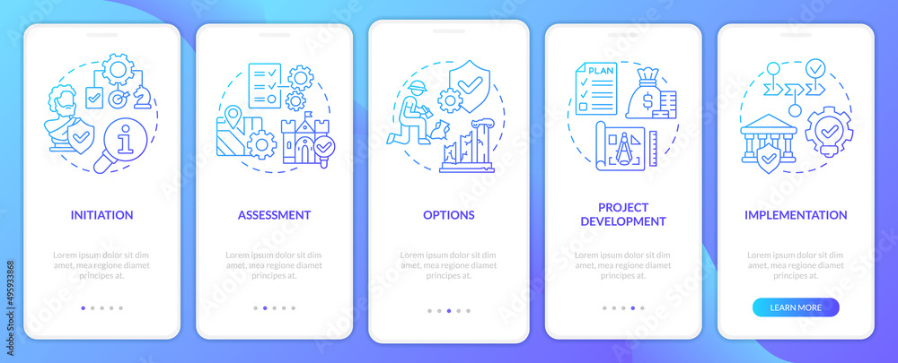 Heritage conservation process blue gradient onboarding mobile app screen. Walkthrough 5 steps graphic instructions pages with linear concepts. UI, UX, GUI template. Myriad Pro-Bold, Regular fonts used