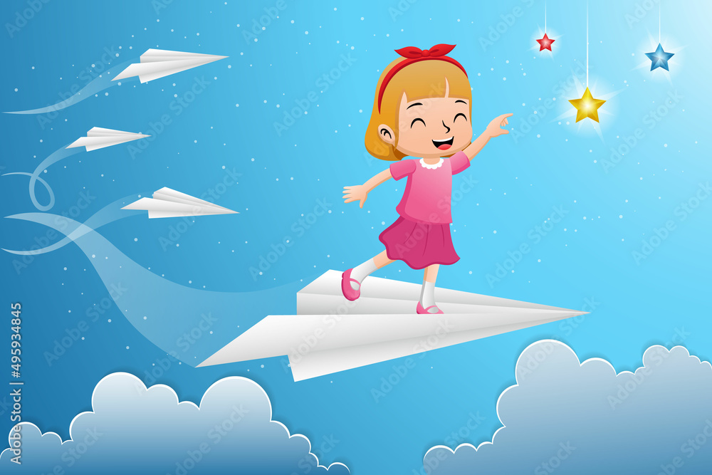 Cartoon of little girl on paper plane try to reach colorful stars