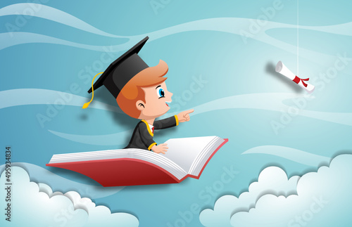 Cartoon of happy boy in graduation uniform flying on big open book chasing diploma