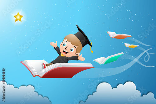 Boy cartoon in scholar costume flying on book with other books chasing golden star