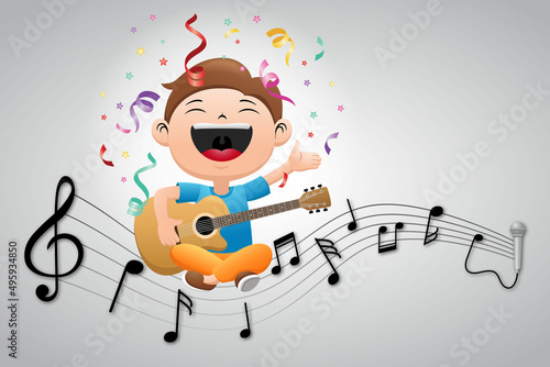 Cartoon of little boy sitting crossed legs while playing guitar on music notes