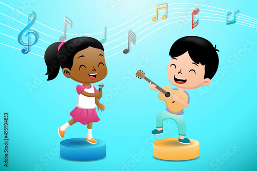 Cute Little Boy And Girl Playing Guitar And Singing