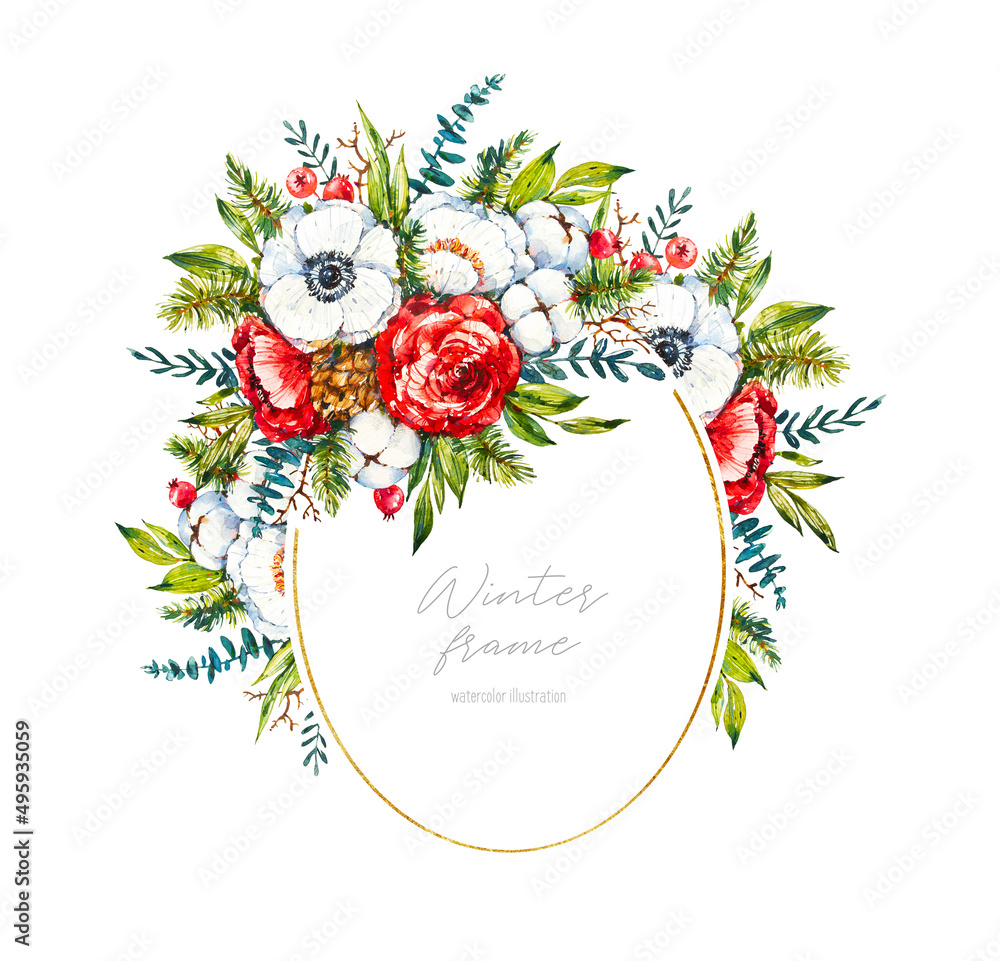 Watercolor frame with winter christmas flowers. Anemone, rose, cotton, pine cone, spruce branches. Botanical hand drawn illustration isolated on white background for christmas invitations, card