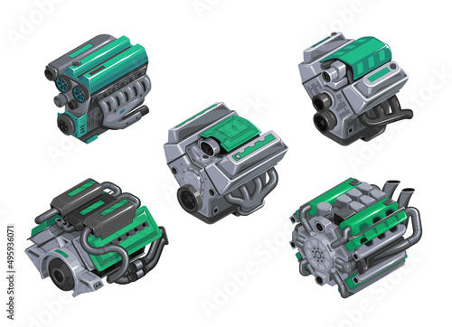 Set of engines of different levels on white background. Car engine in isometry. Detailed 3d engine in cartoon style. Tuned engine. EPS 10 vector illustration