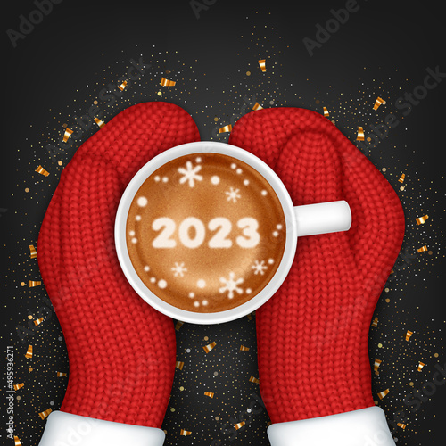 Hands in knitted mittens holding a cup of coffee. New Year greeting card template