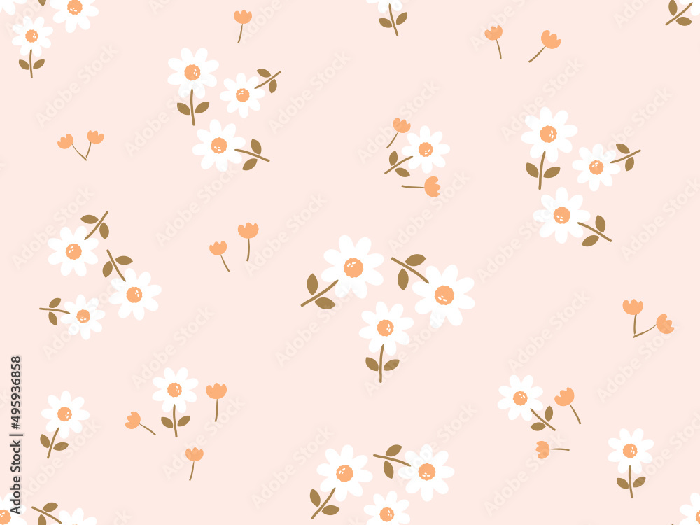 custom made wallpaper toronto digitalSeamless pattern with daisies, leaves and tulip flower on orange background vector.