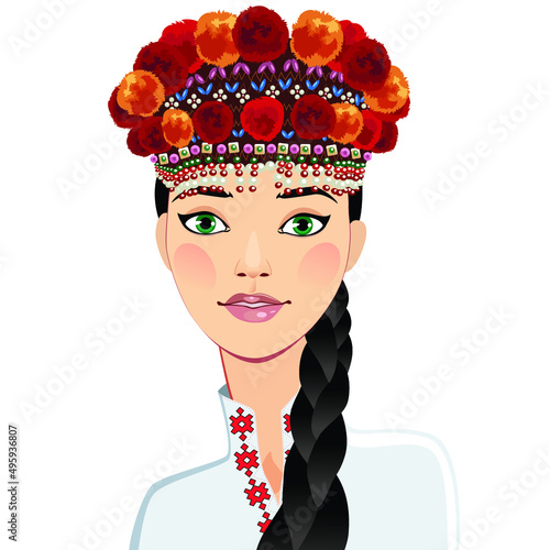 Ukrainian woman portrait. Ukraine ethnic female with braided hair, hand drawn girl with national headdress. Vector illustration