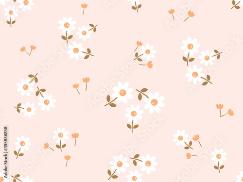 Seamless pattern with daisies, leaves and tulip  flower on orange background vector. #495936858