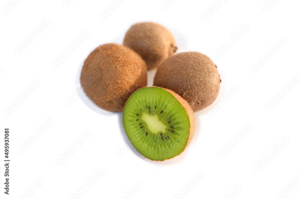 Obraz premium fresh vitamin fruit kiwi, juicy slice with fresh cut, isolated object on a white background,