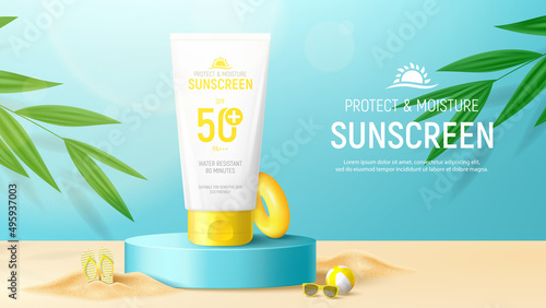 Sunscreen ad banner template. Banner with tube of sunscreen on 3d podium with tropical plants, sand, sunglasses, inflatable ring and ball. Vector 3d ad illustration for promotion of summer goods.
