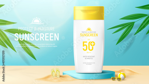 Sunscreen ad banner template. Banner with jar of sunscreen on 3d podium with tropical plants, sand, sunglasses, inflatable ring and ball. Vector 3d ad illustration for promotion of summer goods.