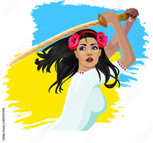 Ukrainian woman in a traditional national embroidery with a sword in her hands defending her country and from the aggressor. Beautiful armed Ukrainian girl on a yellow-blue background.
