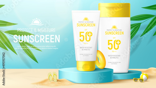 Sunscreen ad banner template. Banner with jar and tube of sunscreen on 3d podiums with tropical plants, sand, sunglasses and inflatable ball. Vector 3d ad illustration for promotion of summer goods.