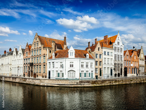 Benelux Europe travel concept - Bruges canal and old historic houses of medieval architecture. Brugge, Belgium