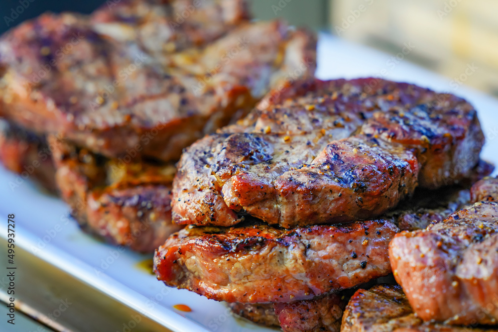 Burned Juicy Steaks barbecue Sizzle on with Salt and Black Peppers