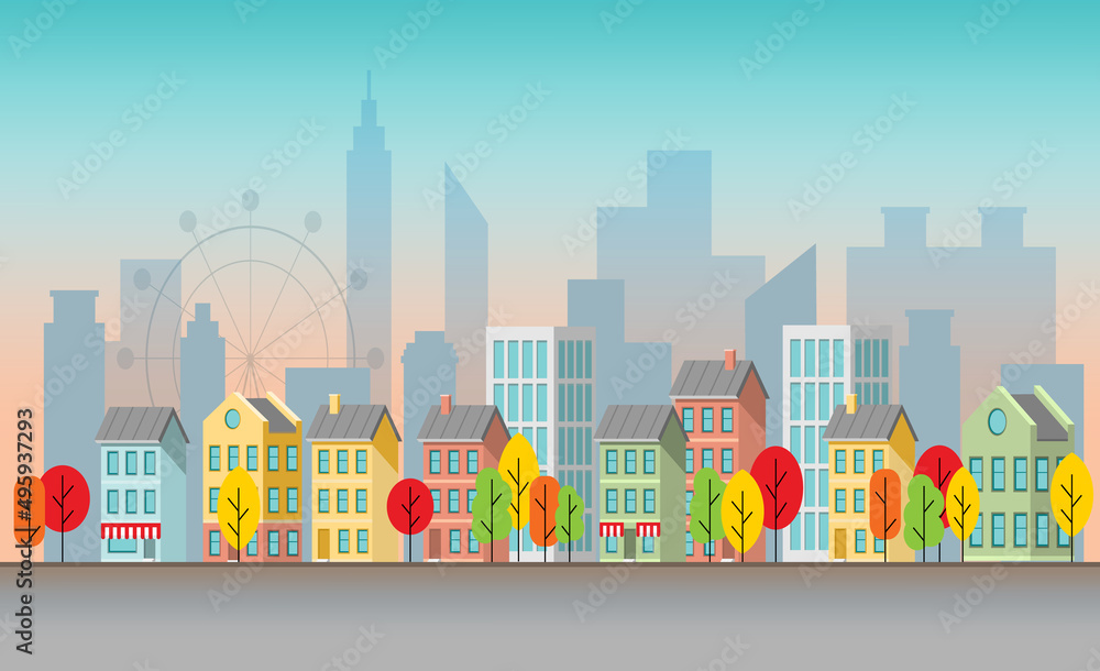Urban cityscape with colorful buildings, skyscrapers and trees along the road. Street view of modern residential district. Vector illustration in flat cartoon style
