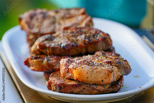 Burned Juicy Steaks barbecue Sizzle on with Salt and Black Peppers