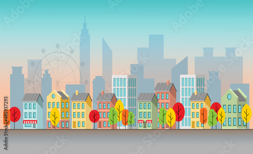 Urban cityscape with colorful buildings, skyscrapers and trees along the road. Street view of modern residential district. Vector illustration in flat cartoon style
