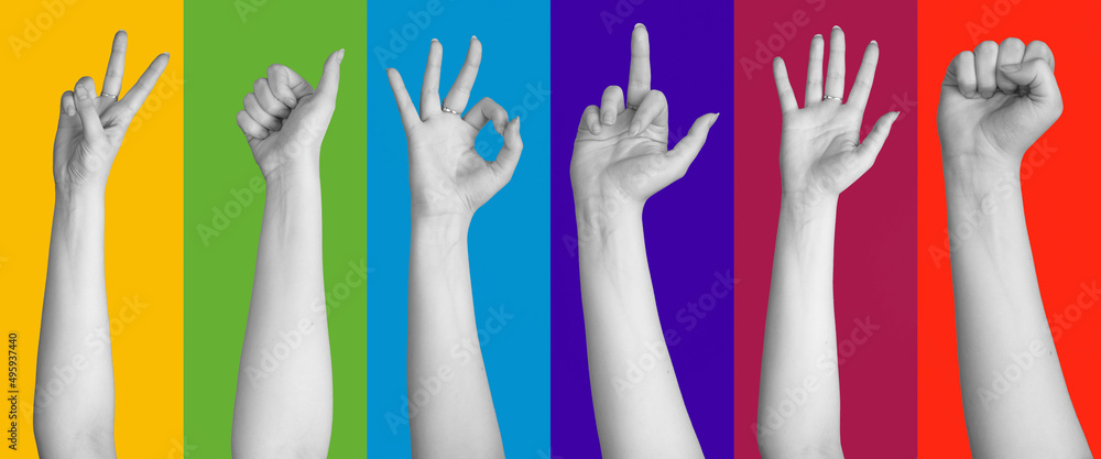 Collage of various hand gestures. Desaturated woman hand showing various hand palm gestures in various vivid colorful backgrounds with copy space Collage of various hand gestures. Desaturated woman hand showing various hand palm gestures in various vivid colorful backgrounds with copy space