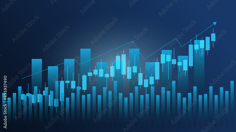 Financial business statistics with bar graph and candlestick chart show stock market price and effective earning on blue background
