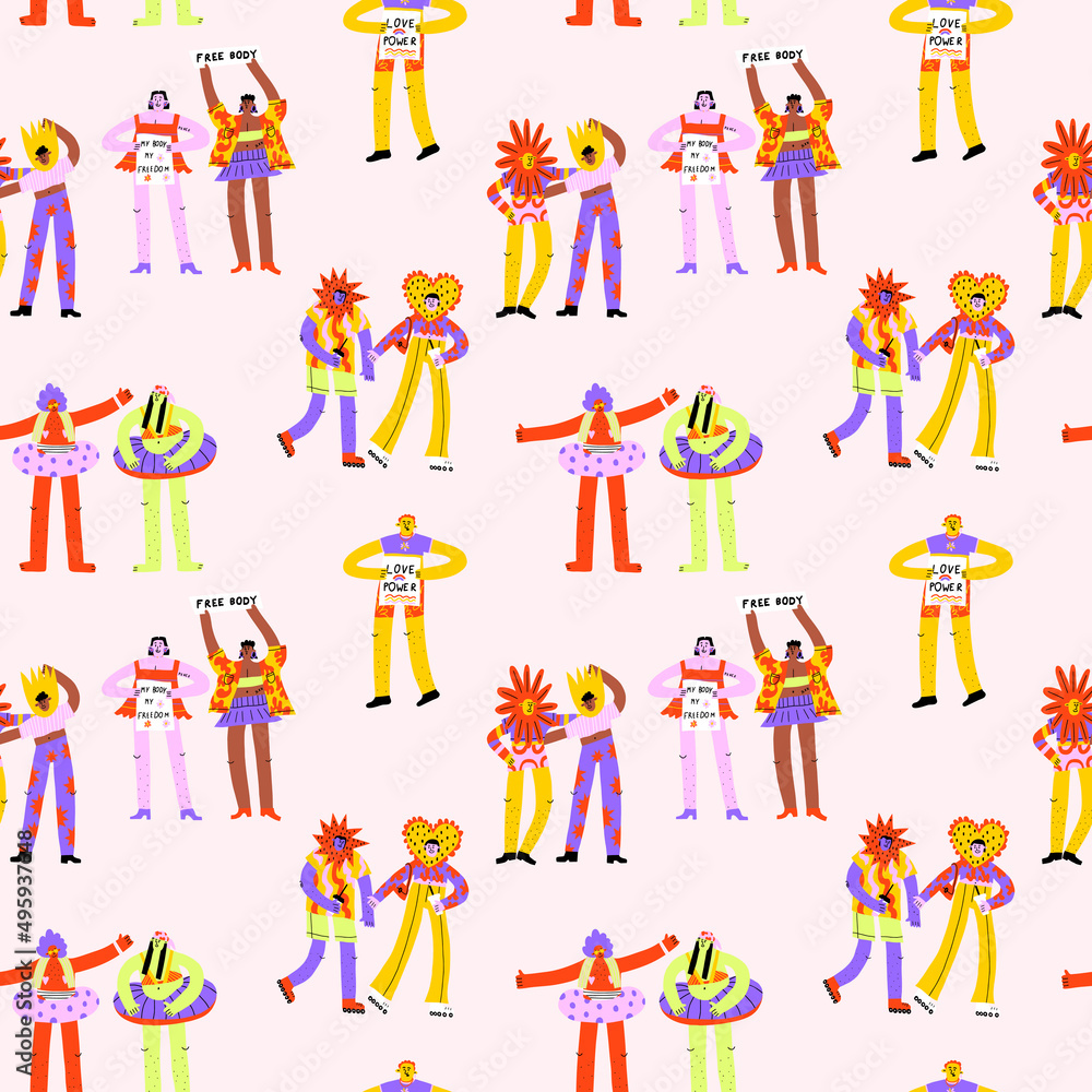 vector seamless pattern with people at human rights protests. Print in support of feminism, gender-free, lgbt, body neutrality. Abstract non-binary people. People power.Vibrant generation Z ornament