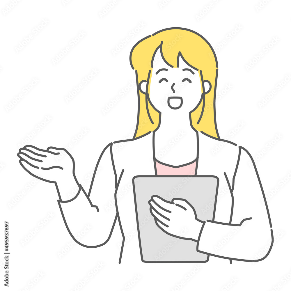 笑顔で案内する白衣の女医　シンプルでポップなイラスト