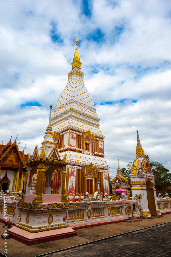 Fototapeta premium Nakhon Phanom, Thailand - 4 December 2021 : Pagoda of Wat Phra That Renu in renu nakhon Dridtrict, Nakhon Phanom Province,Thailand