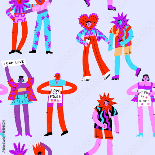 vector seamless pattern with people at human rights protests. Print in support of feminism, gender-free, lgbt, body neutrality. Abstract non-binary people. People power.Vibrant generation Z ornament