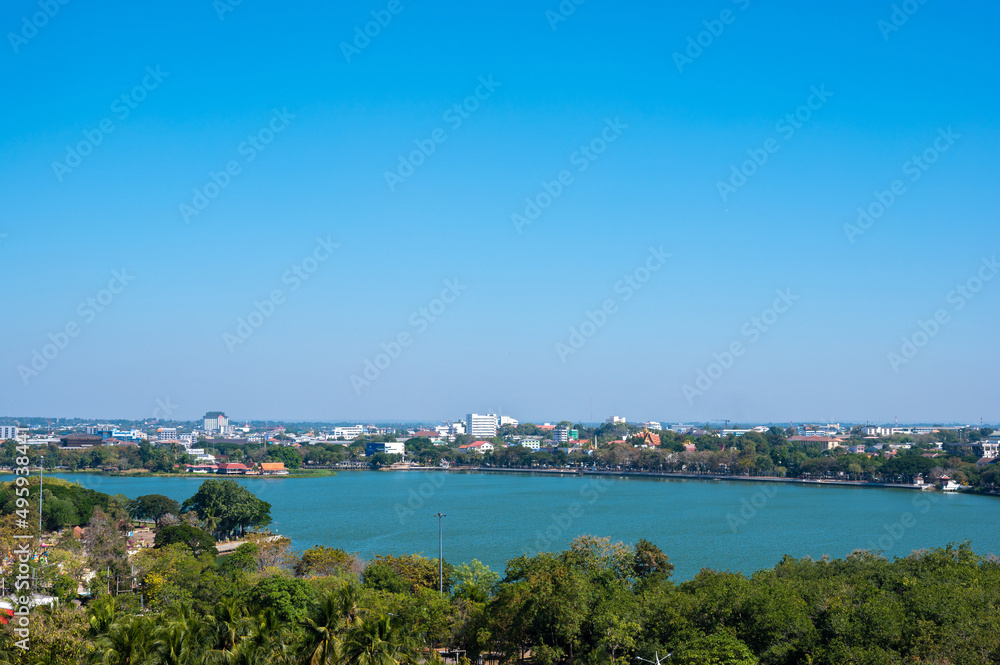 Aerial view shot of Bueng Kaen nakhon is lake of Khon Kaen at Khon Kaen province, Thailand.