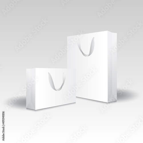 Blank white paper shopping bag or gift bag (2 sizes) with ribbon handles mockup template.