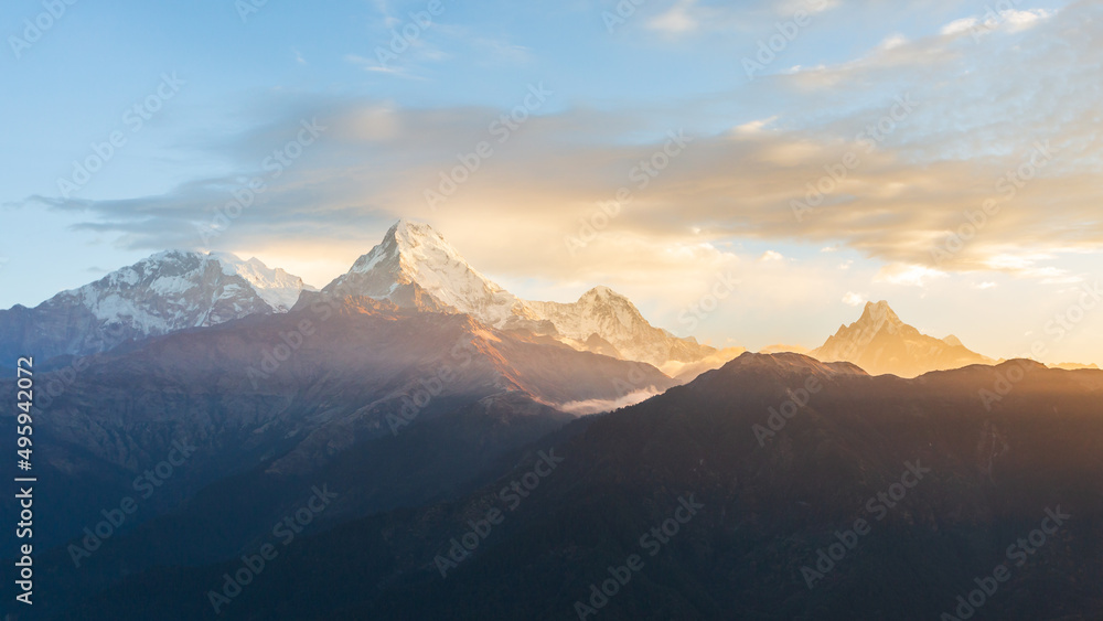 Foggy mountains, morning in Himalayas, Nepal, Annapurna conservation area