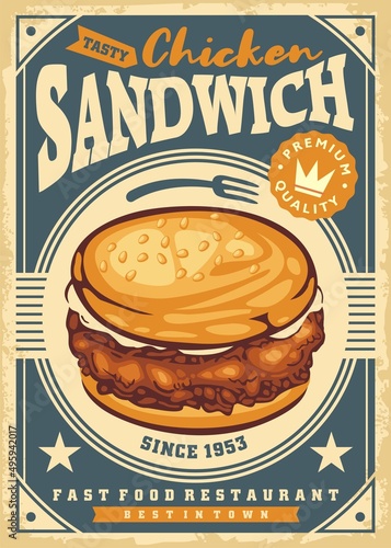 Fast food restaurant daily menu design concept with chicken sandwich graphic on retro paper texture. Food vector illustration. Vintage poster.