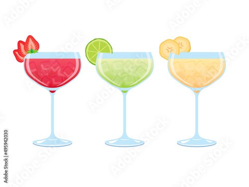 Strawberry, lime and banana drink icon set vector. Set of alcoholic daiquiri cocktails isolated on a white background. Fruits fresh cocktail collection. Summer alcoholic drinks vector