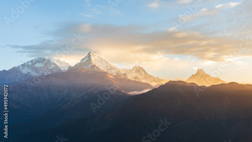 Foggy mountains, morning in Himalayas, Nepal, Annapurna conservation area